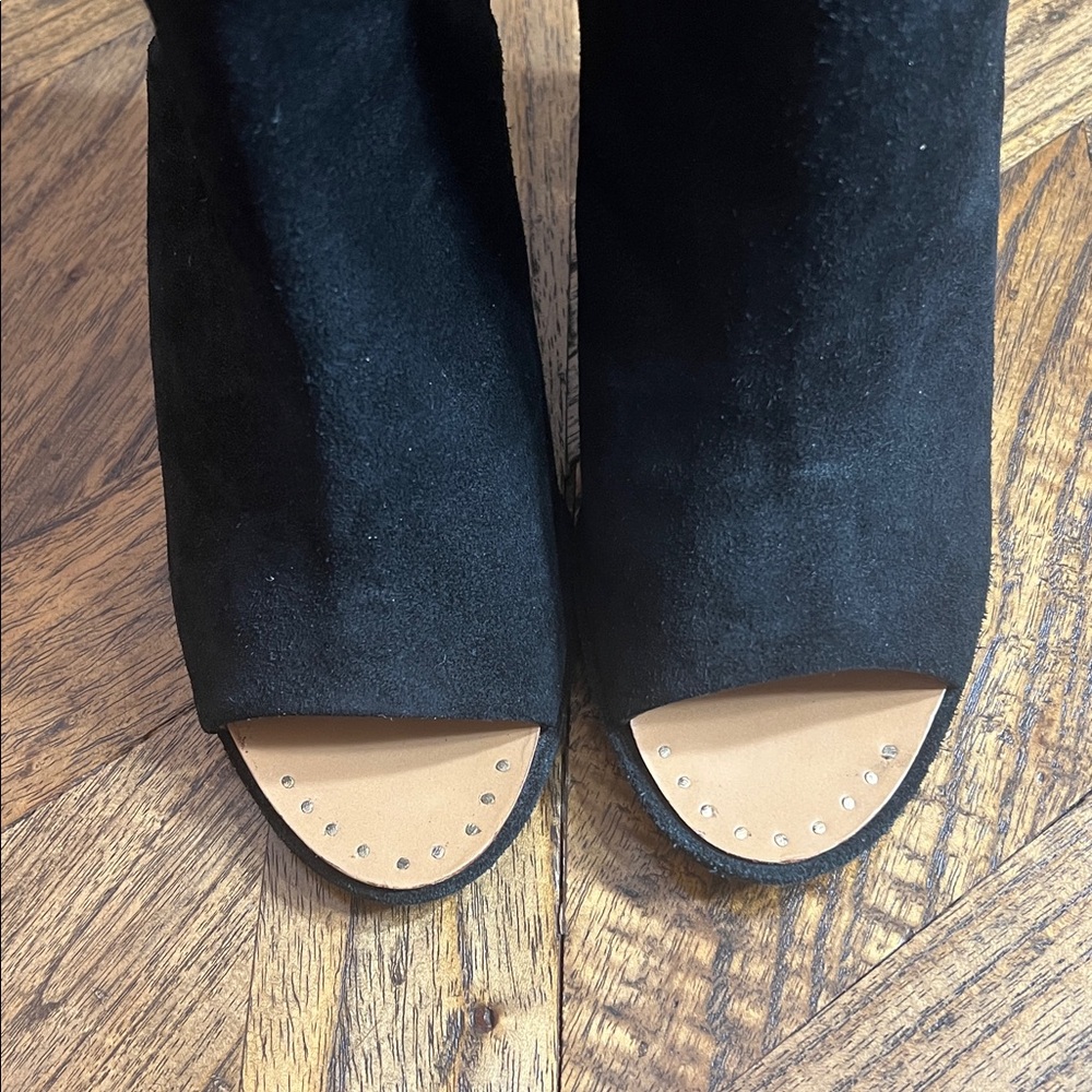 Vero Cuoio Black 3” Wooden Heel Boots, Open Toe, Italian Suede, Chunky, Sz 7 1/2 - Picture 3 of 8